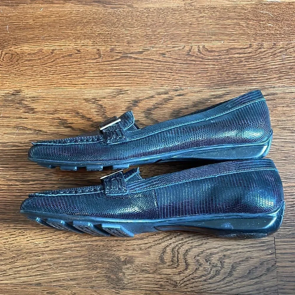 Walking Cradles black snakeskin look leather loafers‎ with silver buckle on top